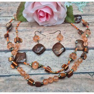 Artisan Made Peach & Brown Beaded Necklace & Dangle Earrings Set Dyed Abalone